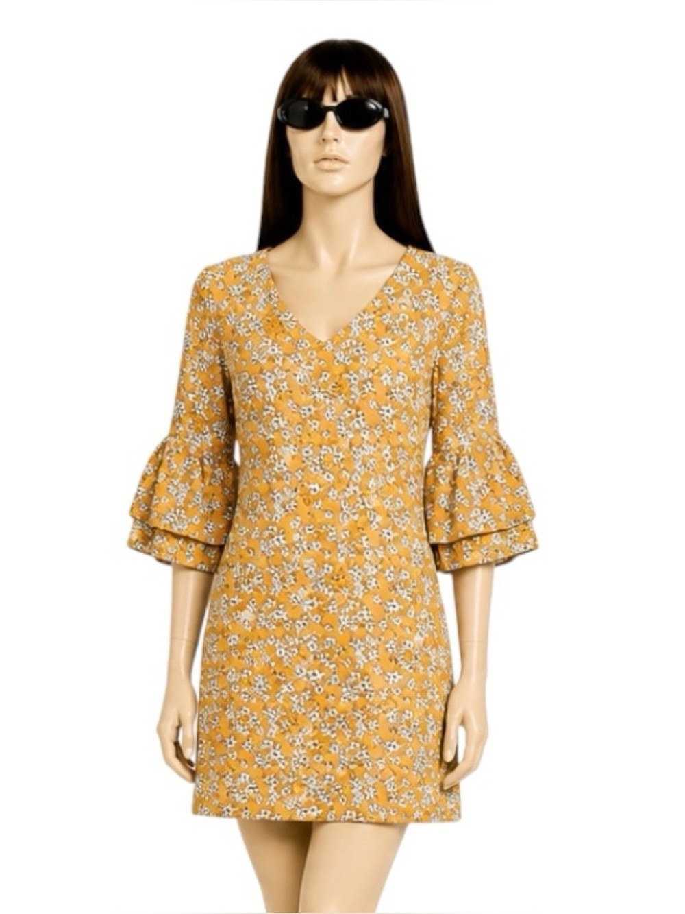 Belongsci Yellow Vneck Bell Sleeves Dress Size M Boho Cottagecore Floral Prairie
